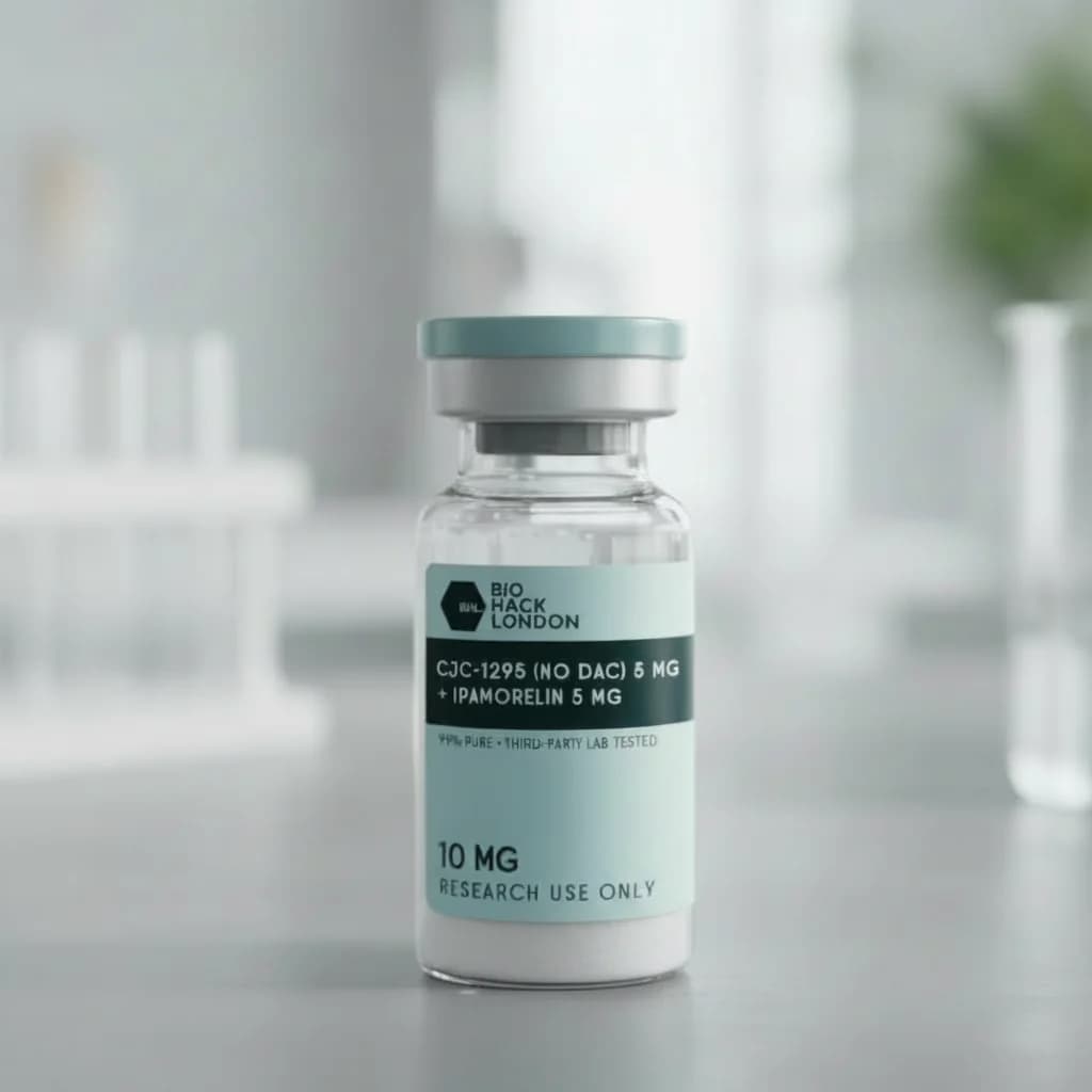 CJC-1295 Ipamorelin blend 10mg research peptide vial by BioHack London – 99% pure third-party lab tested