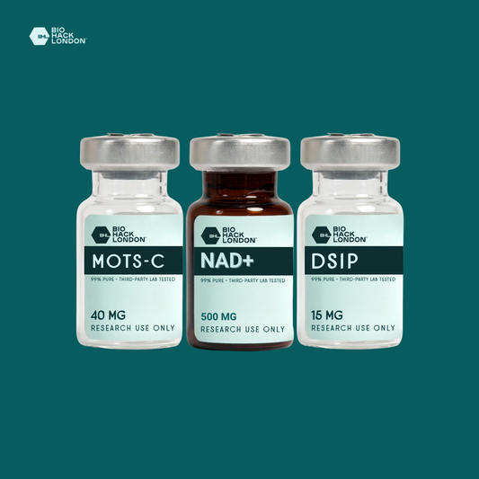 Longevity Research Bundle - BioHack London, includes MOTS-C, NAD⁺, and DSIP research compounds.