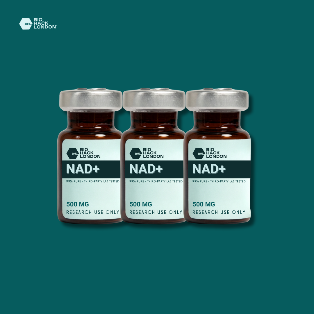 Triple NAD+ Bundle - BioHack London: three vials of NAD+ 500 mg for laboratory research use only.