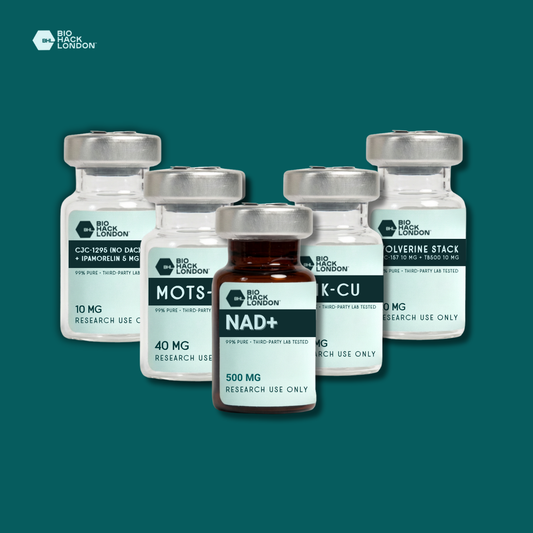 Premium Research Bundle including CJC-1295, Ipamorelin, MOTS-C, NAD⁺, GHK, and Wolverine Stack from BioHack London.