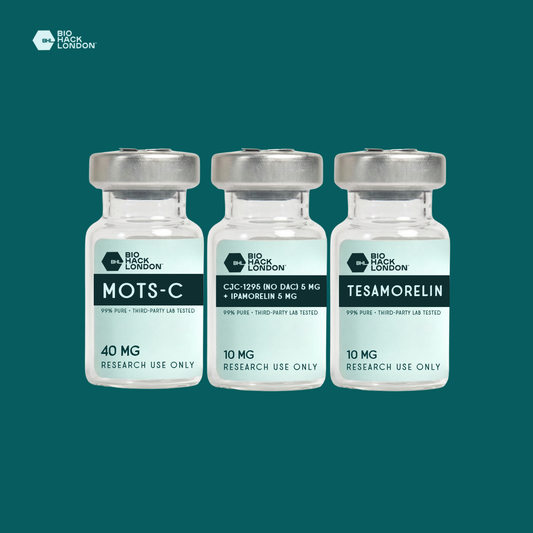 Recovery Research Bundle - MOTS-C, CJC-1295 + Ipamorelin, Tesamorelin in lab vials, for research use only.